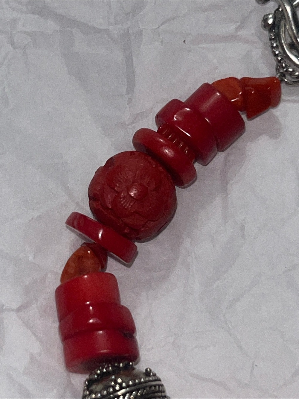 .925 Red Bamboo coral Bracelet with Silver and cinnabar Accent Beads - Picture 5 of 7